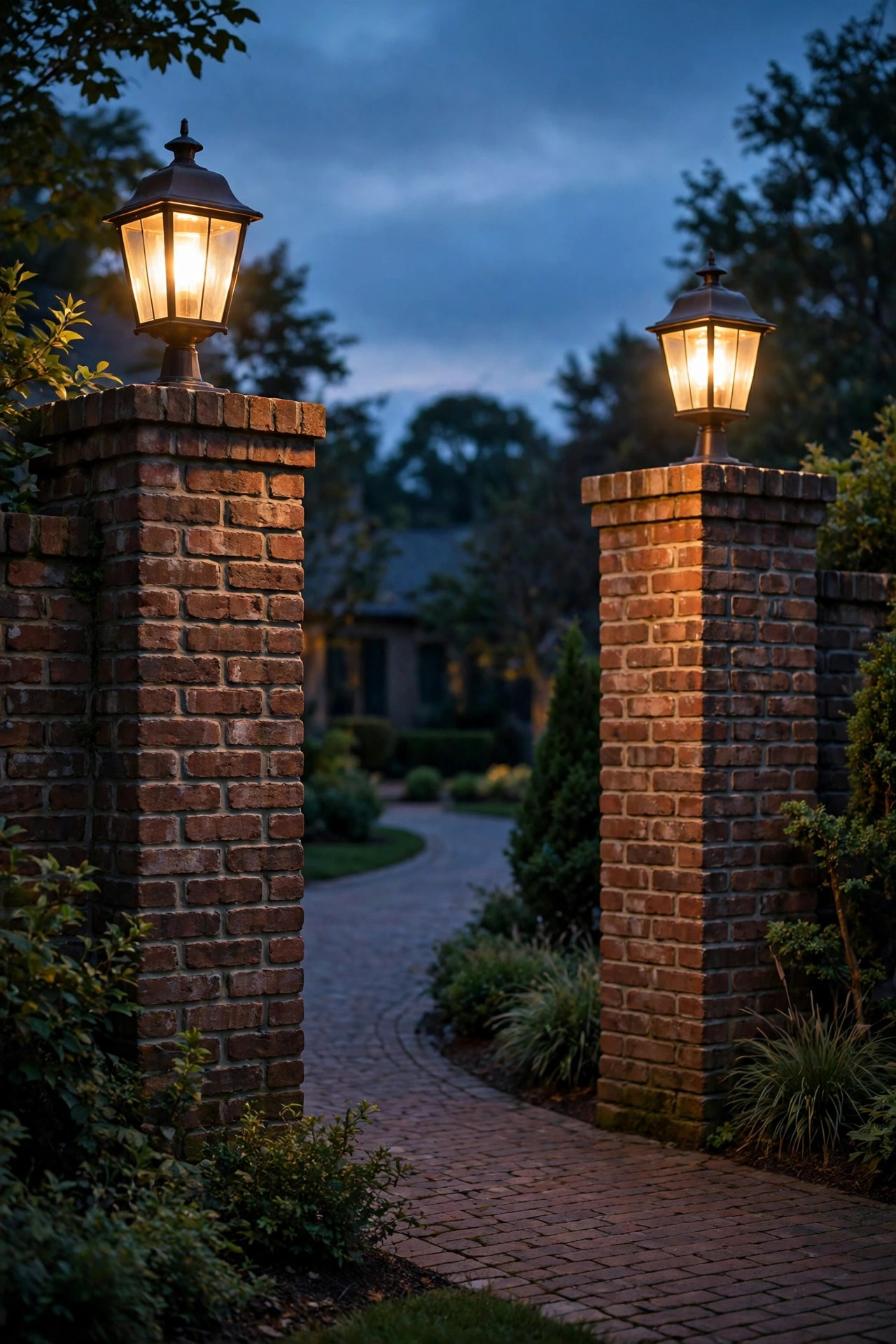 Brick driveway columns topped with glowing pier mount post lights at dusk