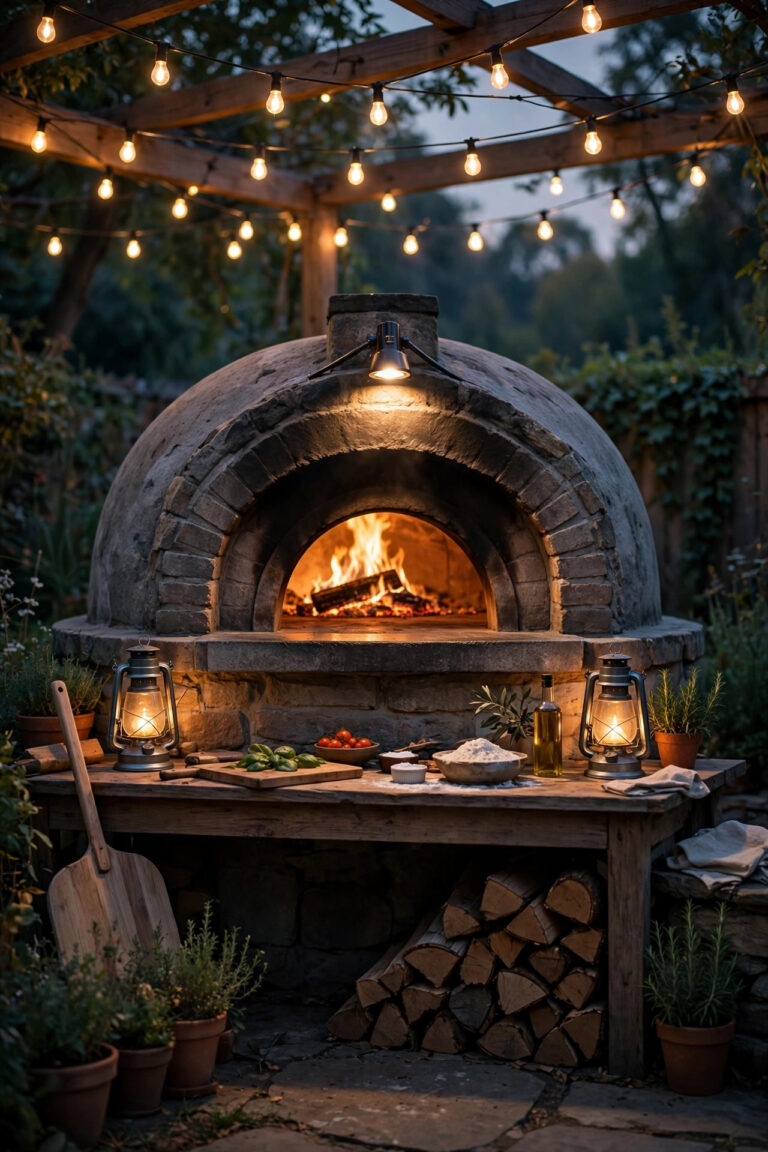 Backyard wood-fired pizza oven at dusk with warm task light over the oven mouth, string lights overhead and lanterns on the prep counter