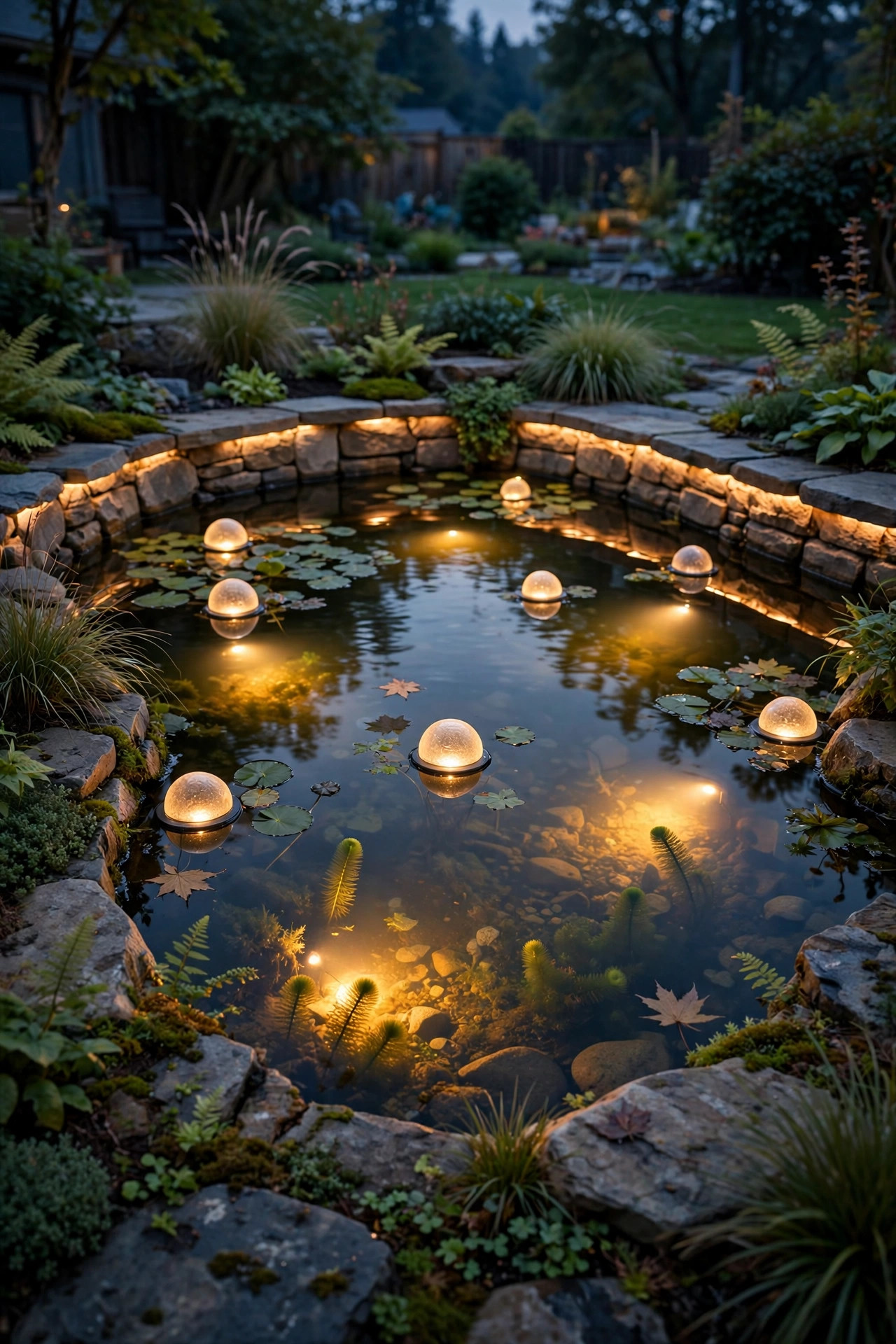 Backyard pond at dusk with warm submersible lights glowing under the water, floating solar orbs, and soft rim lighting around the stone edge