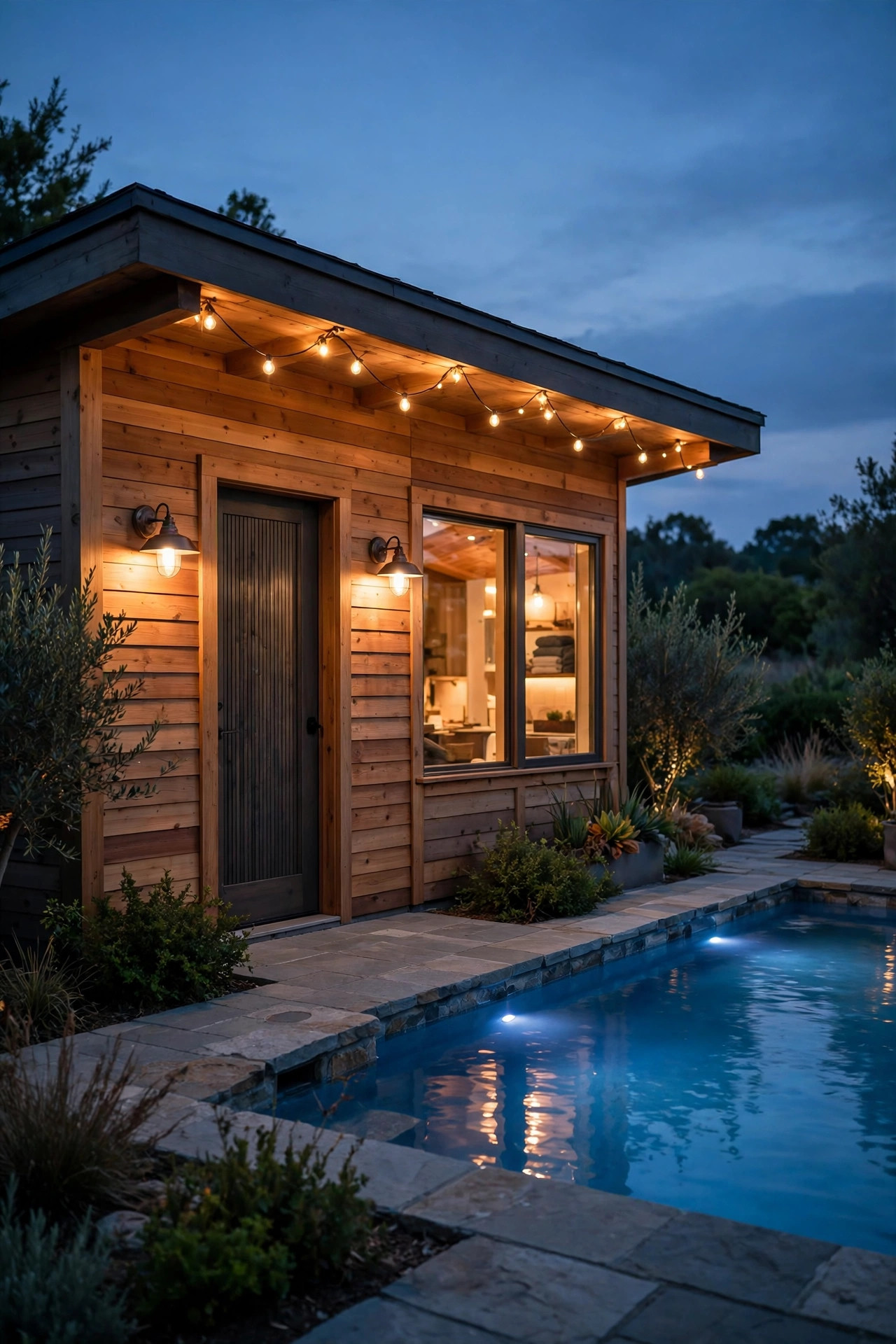 Small pool house at dusk with warm sconces flanking the door, string lights under the eave, and a glowing interior beside a blue pool