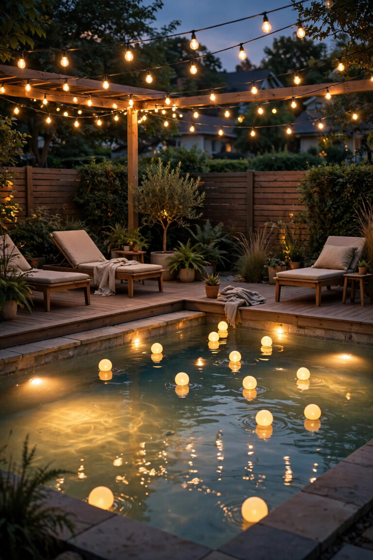 Backyard pool at dusk with floating glow orbs, warm string lights over the deck and underwater pool light glowing, pool party lighting ideas