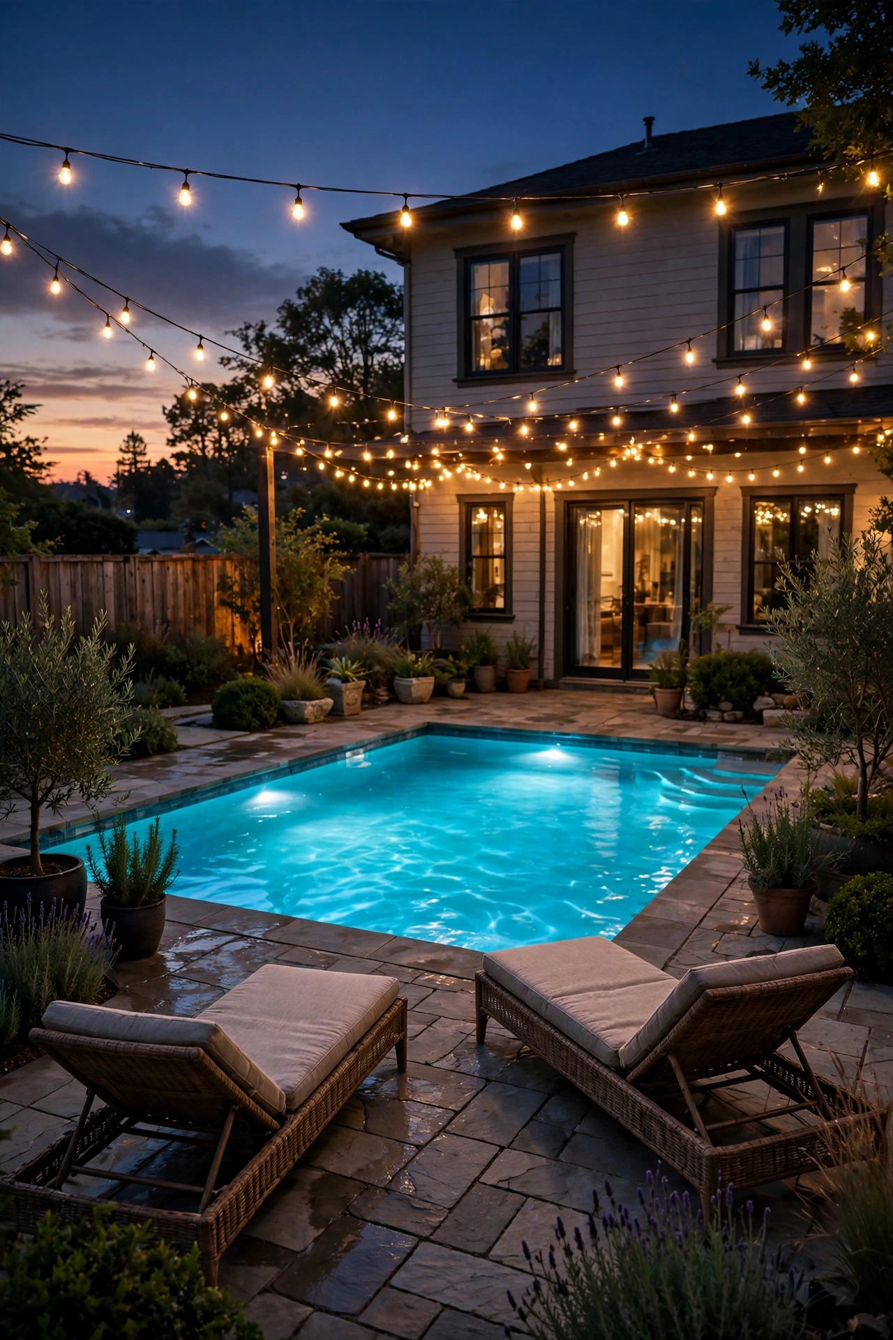 Backyard swimming pool glowing with turquoise underwater lights and warm string lights over the deck at dusk