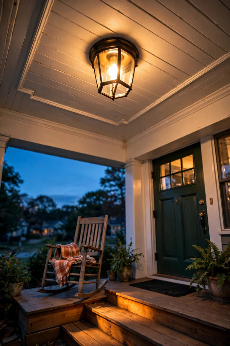 Warm glowing porch ceiling light fixture at dusk on a cozy suburban front porch