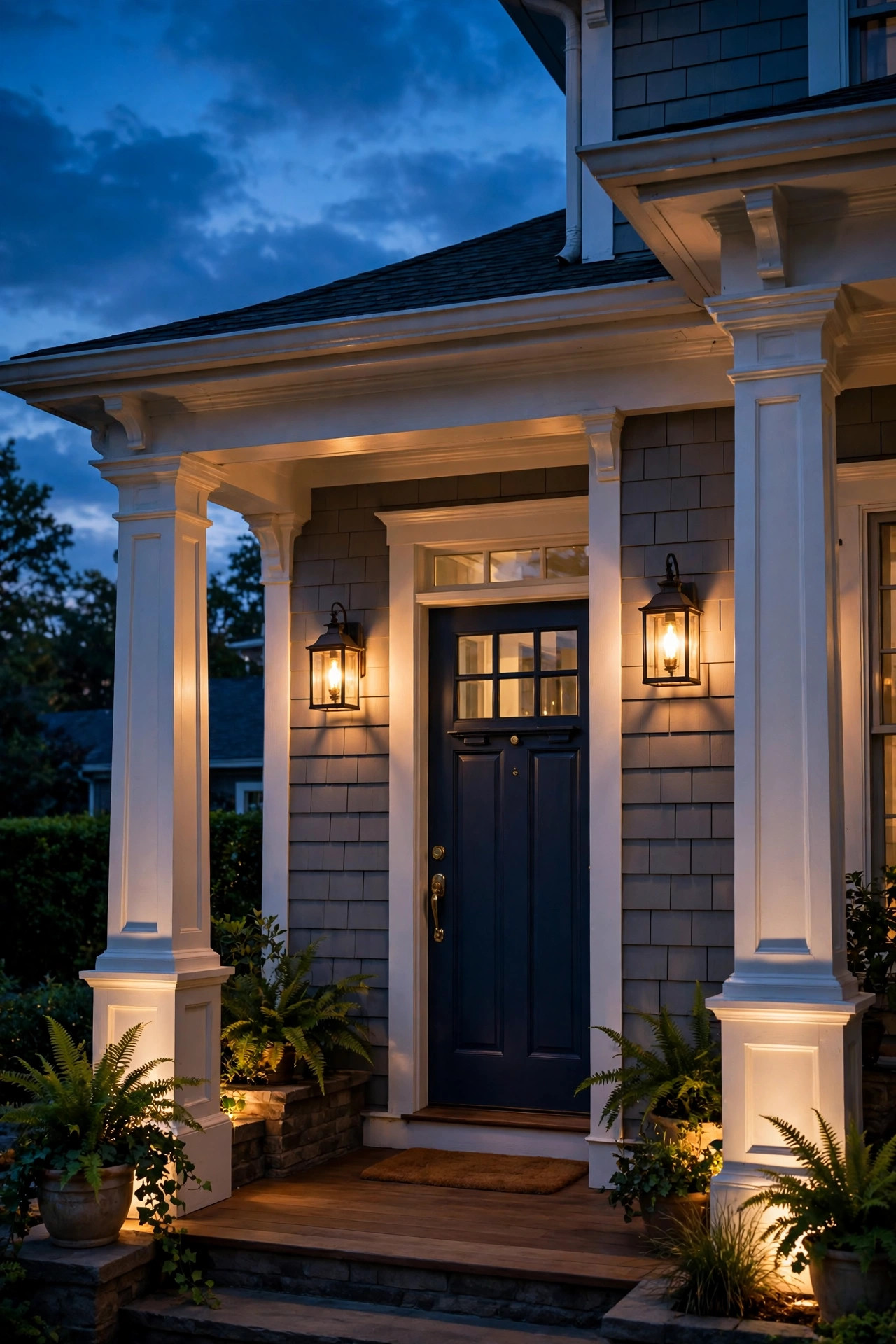 Front porch at dusk with warmly lit columns framing the entry, lantern sconces and soft uplighting on a cozy American home