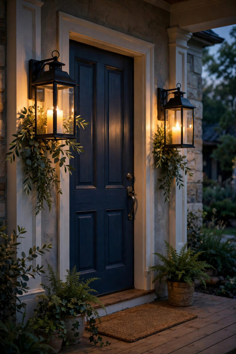 Front porch at dusk with a pair of black lanterns flanking the door, glowing flameless candles and greenery, porch lantern decorating ideas