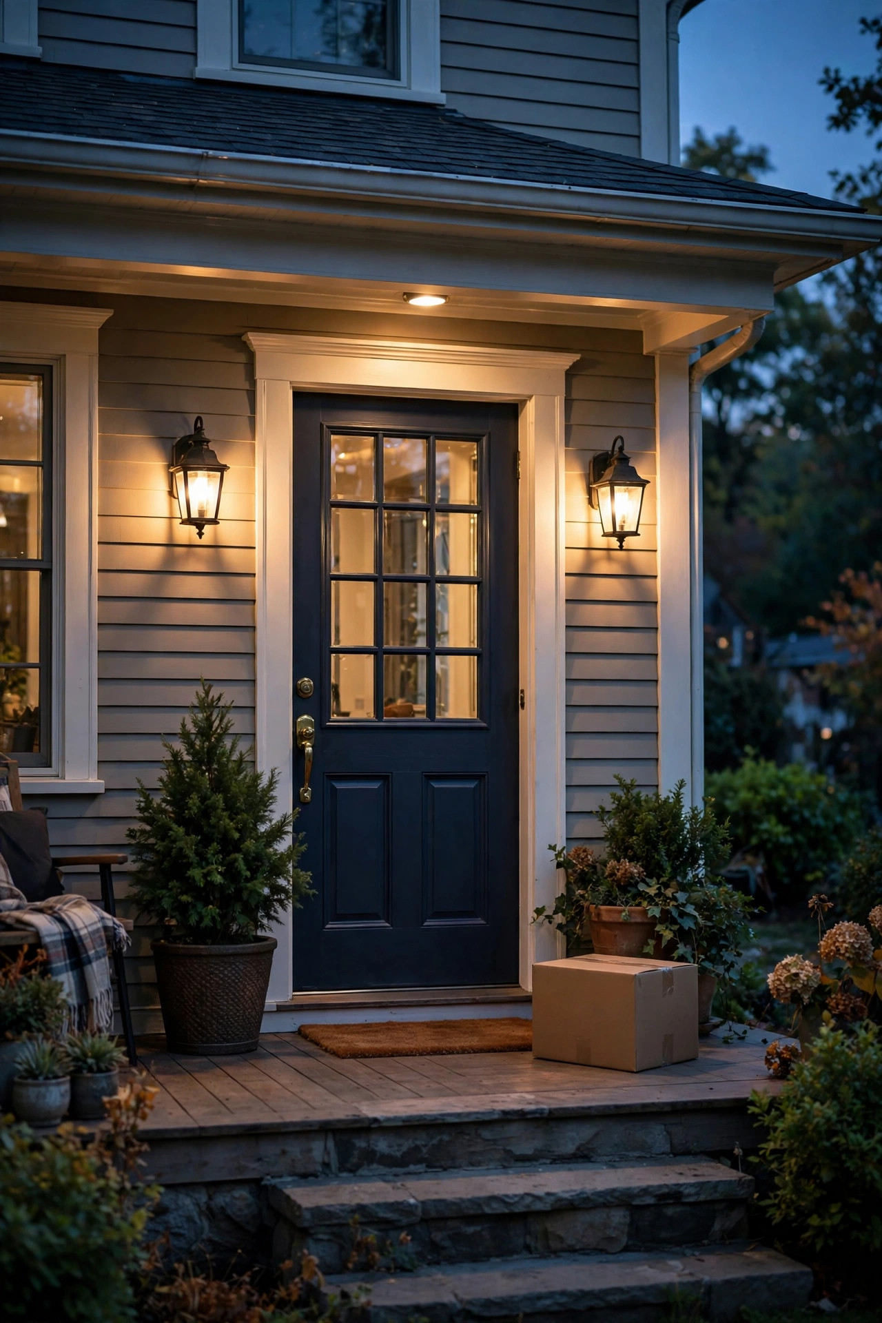 Welcoming front porch at dusk with warm layered lighting and a delivery package placed safely by the front door