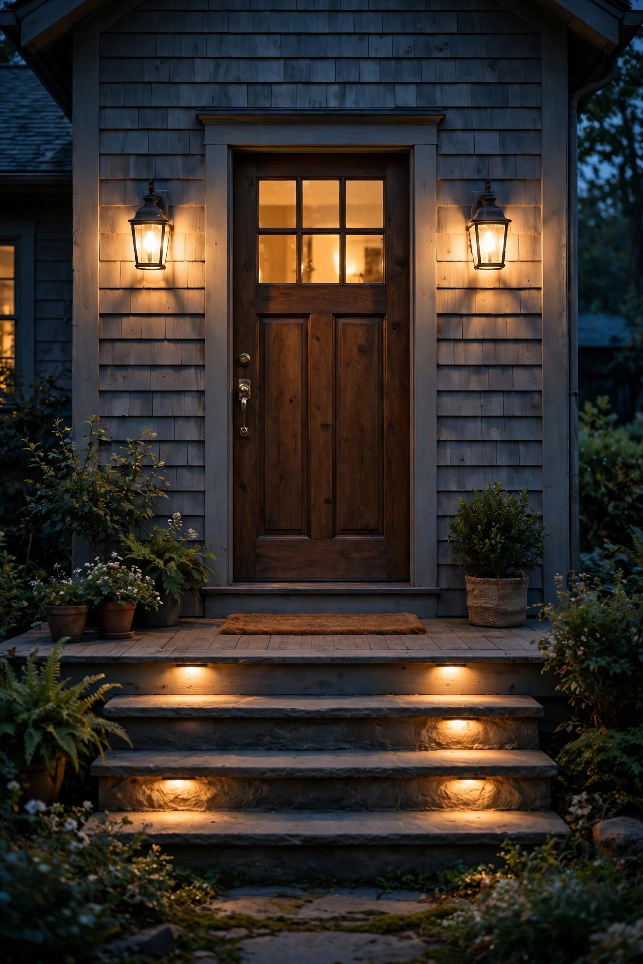 Front porch at dusk with two warm glowing wall lanterns flanking a front door, softly lit steps and a welcoming golden entry