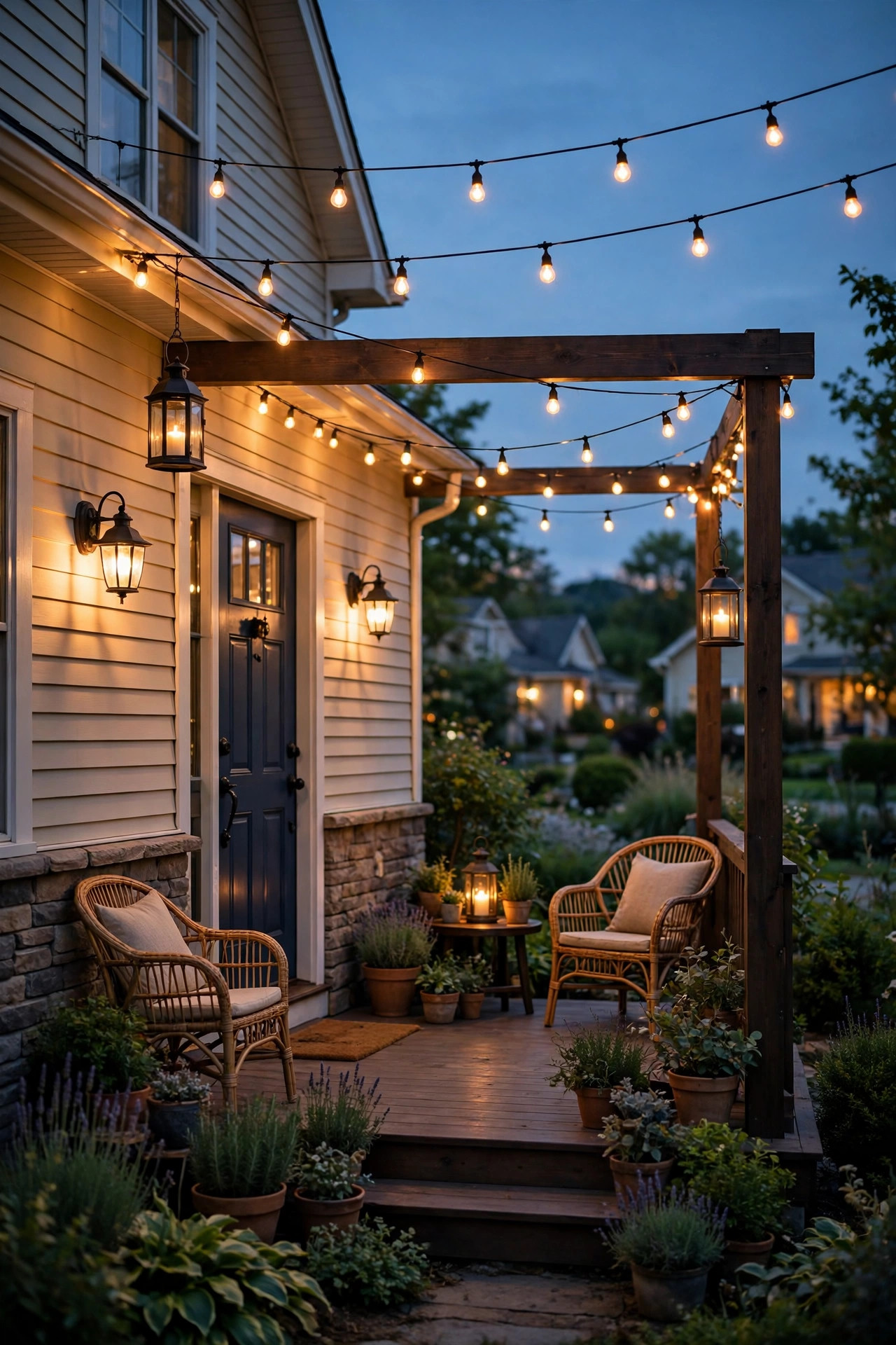 Open-air porch with no ceiling glowing at dusk with wall sconces, string lights and lanterns, porch lighting without a ceiling