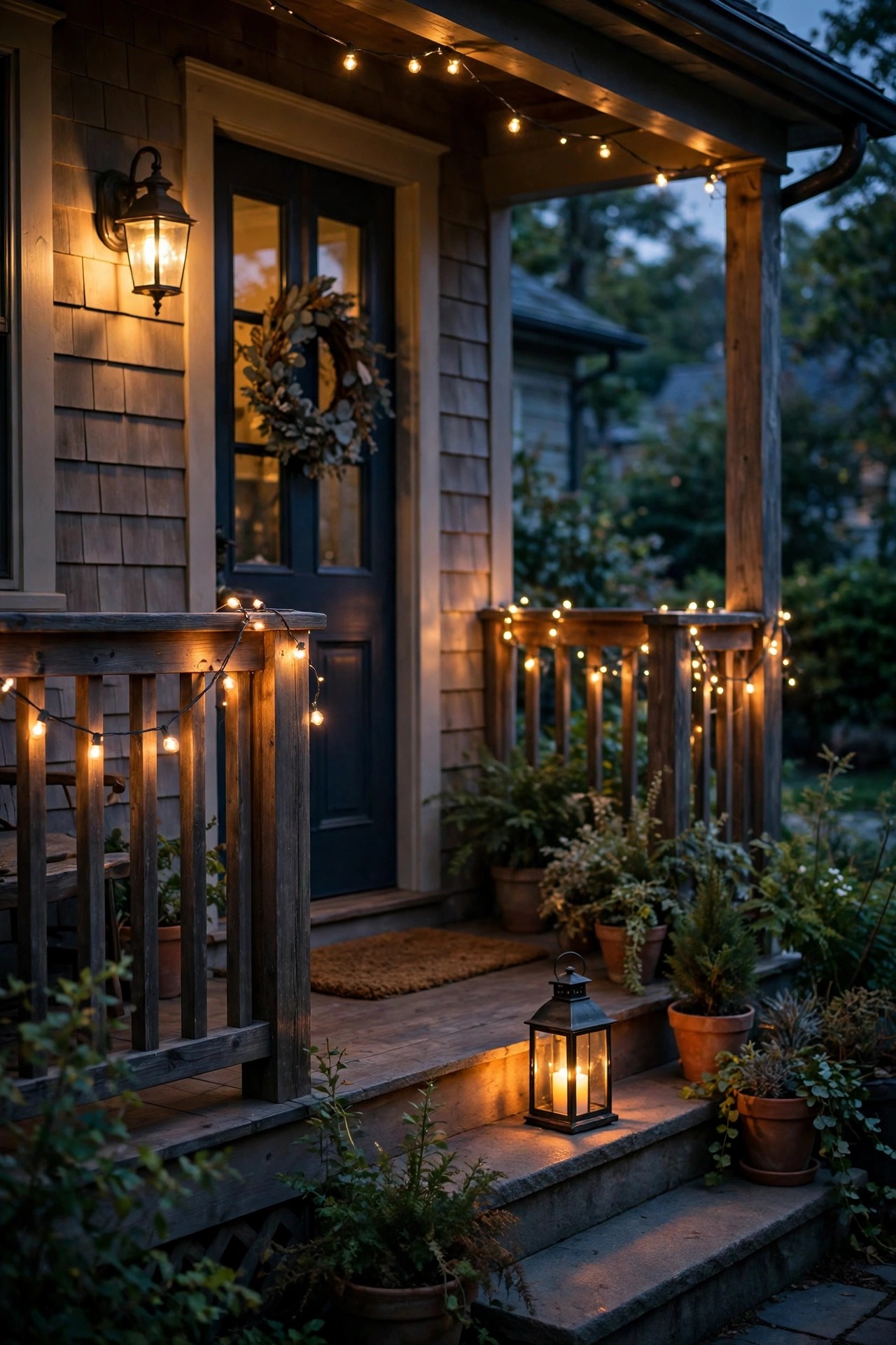 Cozy front porch at dusk with a warm glowing wall lantern, string lights along the railing and a lantern on the steps, photorealistic