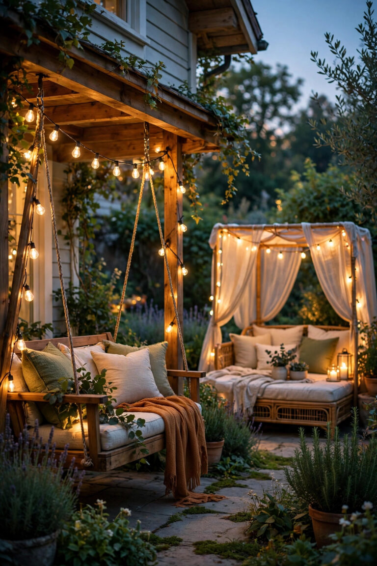 Porch swing at dusk wrapped in warm string lights with a garden daybed glowing softly nearby