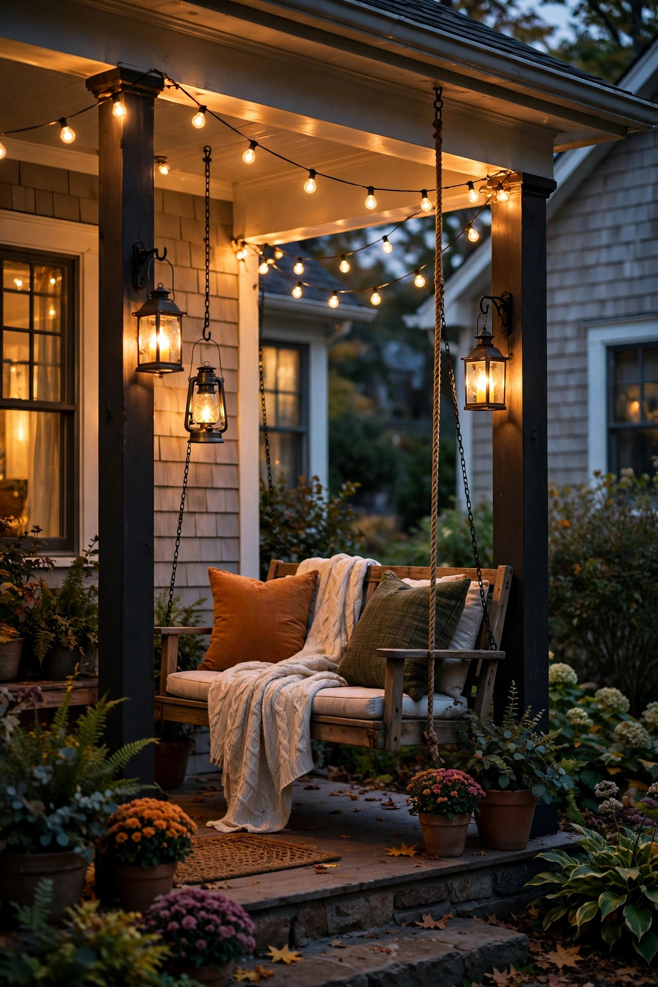 Porch swing lighting ideas with warm string lights and lanterns glowing over a cozy porch swing at dusk