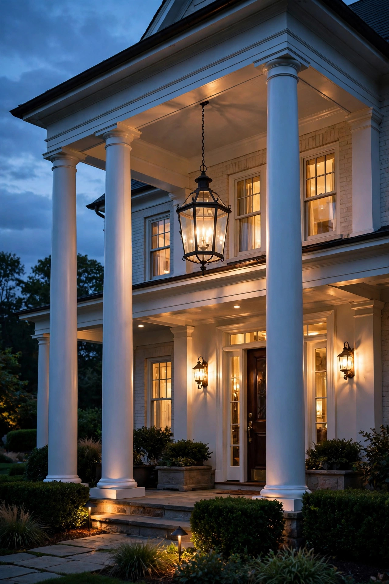 Two-story home portico at dusk with tall white columns, an oversized hanging lantern and warm layered entry lighting