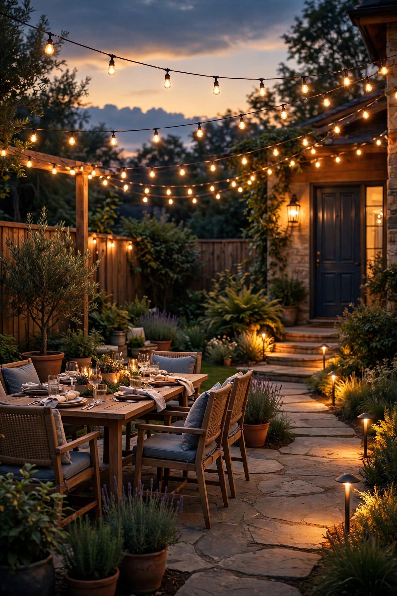 Warm dusk backyard ready for an evening party, glowing string lights over a patio, lit path lights along the walkway and a welcoming front door lantern