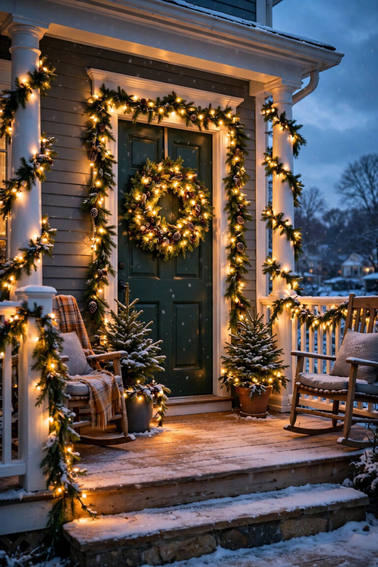 Warmly lit front porch at dusk with pre-lit garlands and a glowing Christmas wreath on the door