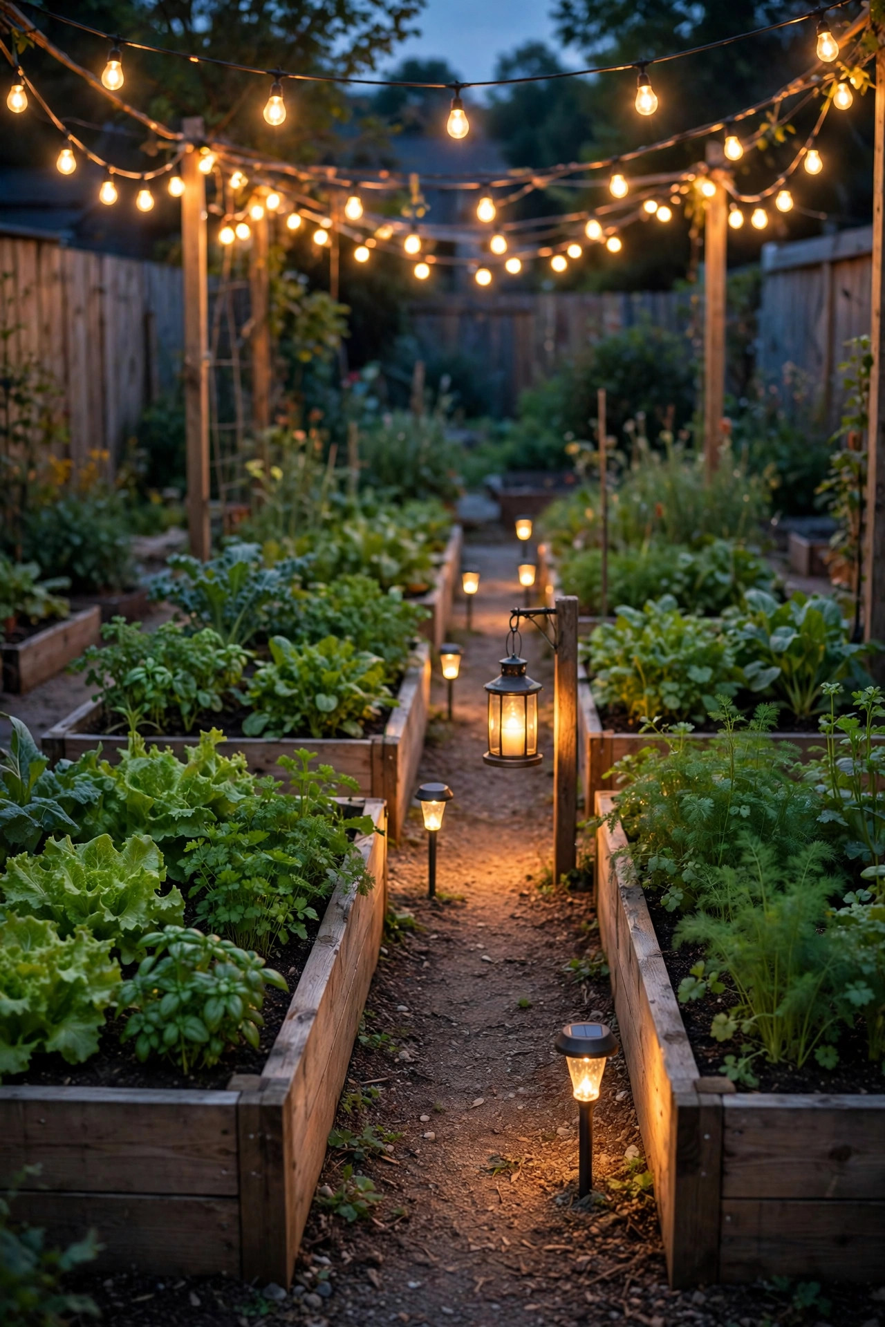 Raised vegetable garden beds at dusk glowing with warm string lights, solar path stakes and lantern light between lush green rows