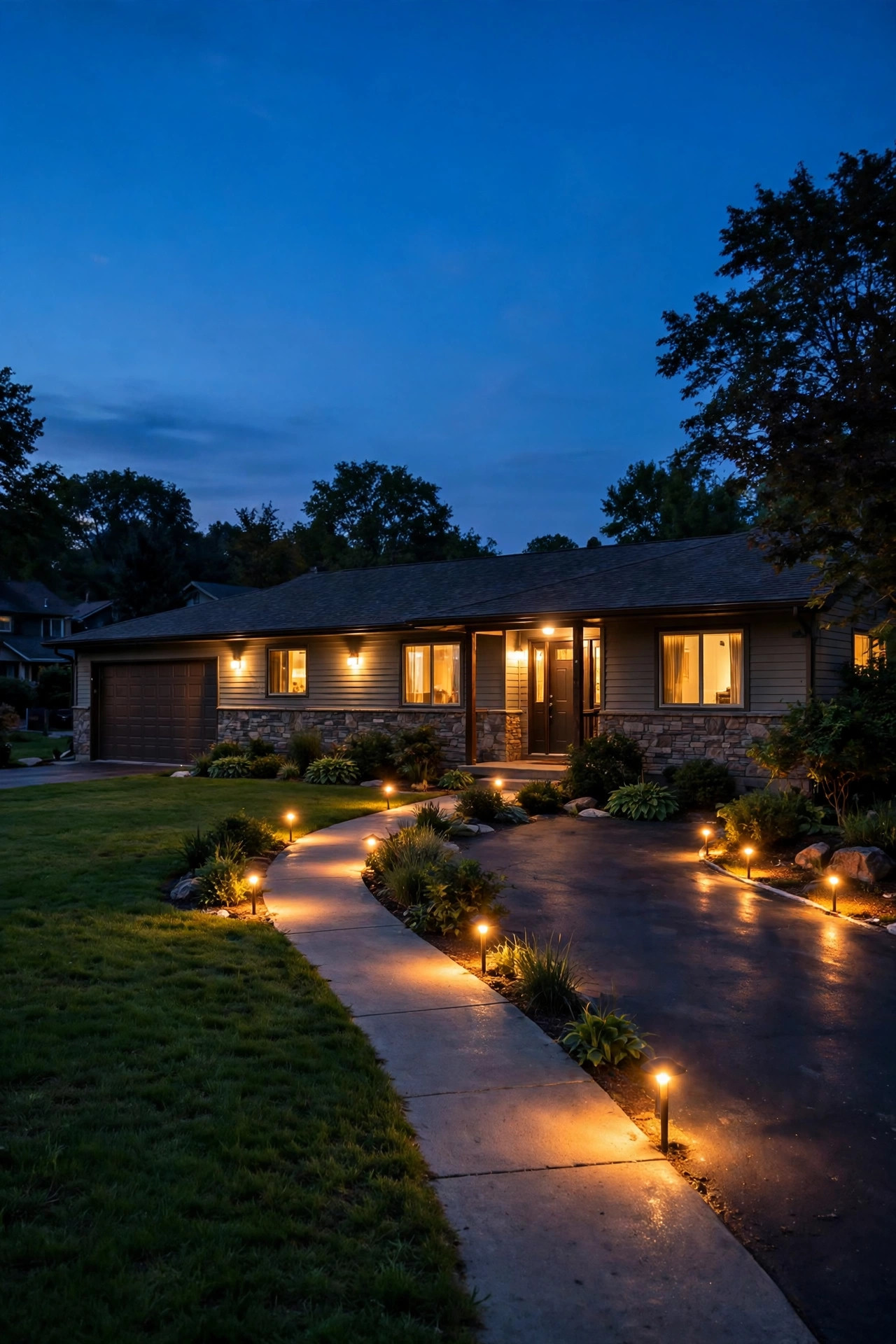 Single-story ranch home at dusk with warm front yard lighting glowing along the walkway, driveway and long low facade