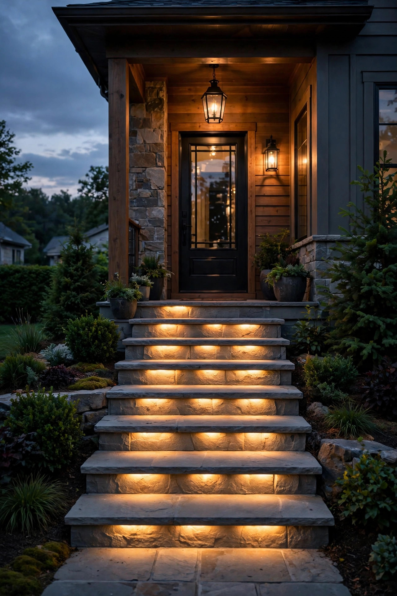 Front entry staircase at dusk with warm recessed step lights glowing in every riser, layered with a soft porch lantern glow