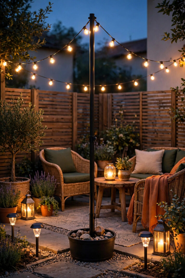 Cozy rental patio at dusk with warm string lights on a freestanding pole, solar path lights and glowing lanterns, no visible wiring