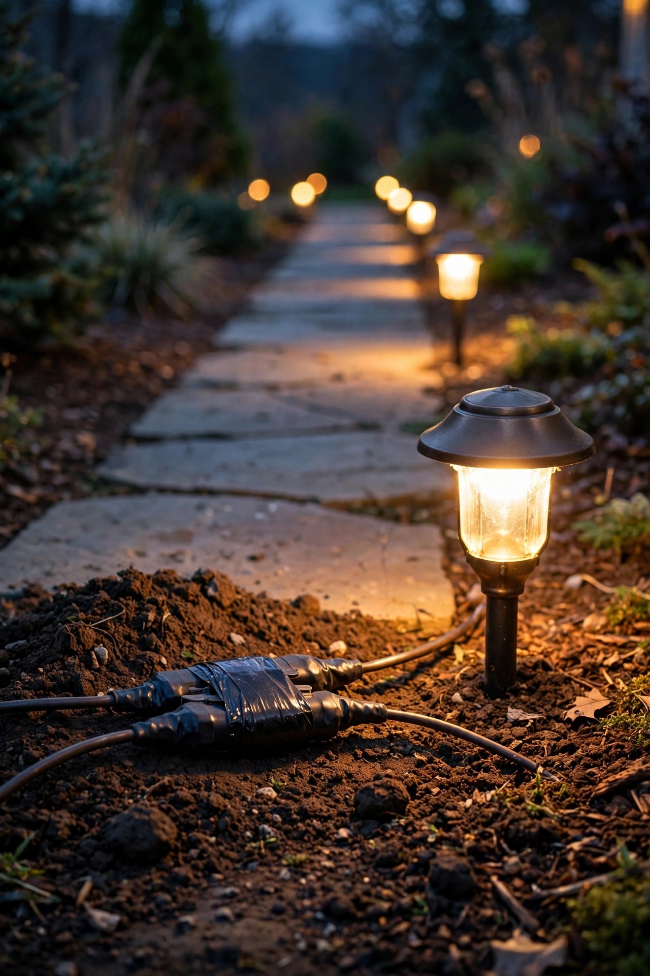 Repaired landscape lighting cable splice beside a glowing path light at dusk, freshly turned soil and warm light pools along a garden walkway