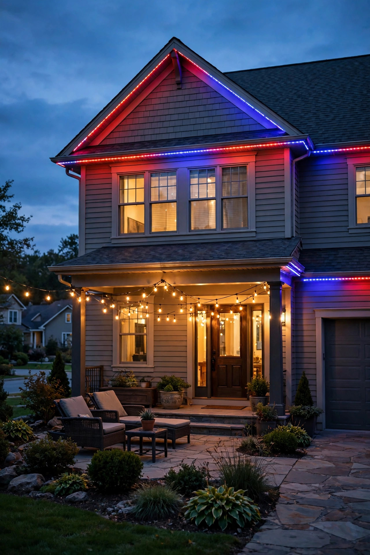 Suburban home at dusk lit with rgb outdoor lights in festive red and blue, string lights over the patio and a warm porch glow