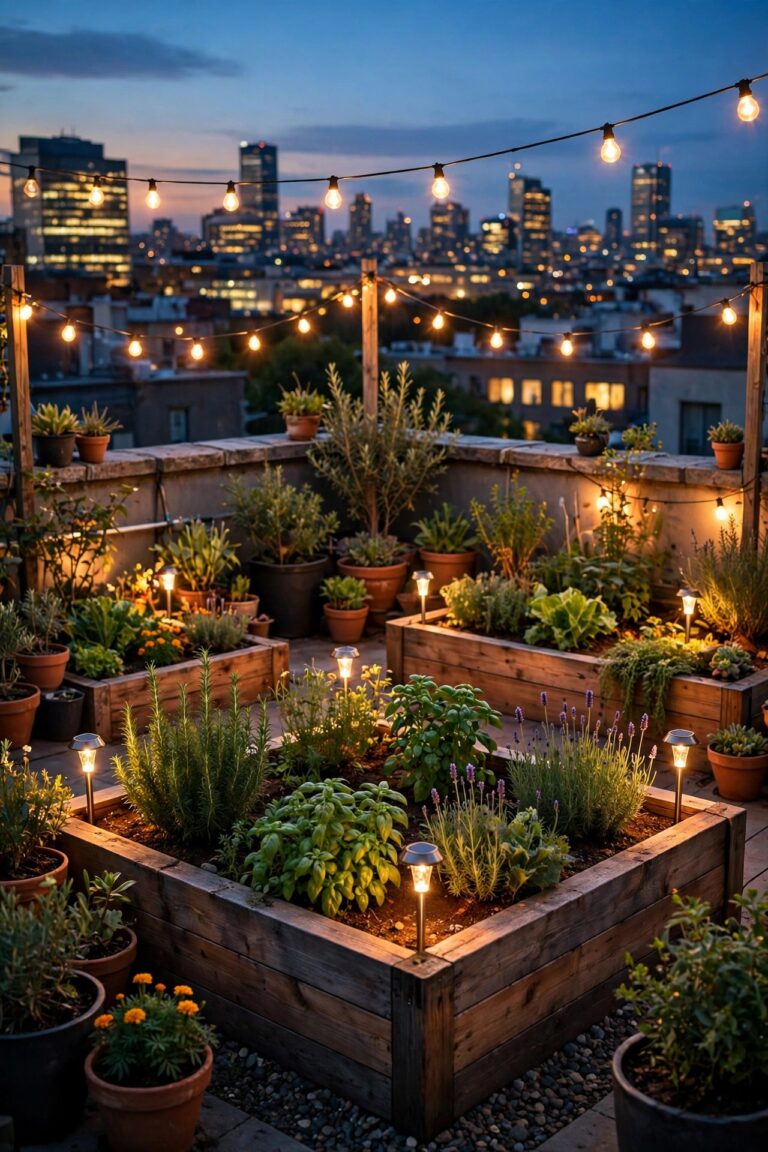 Rooftop garden at dusk with raised beds and pots glowing under warm string lights and solar stake lights, city skyline behind