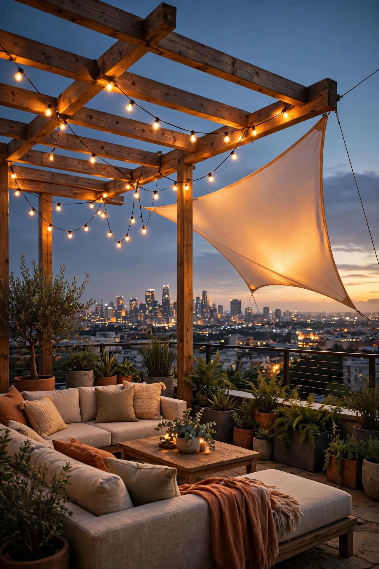 Rooftop pergola at dusk strung with warm string lights beside a glowing shade sail, planters and lounge seating overlooking a city skyline