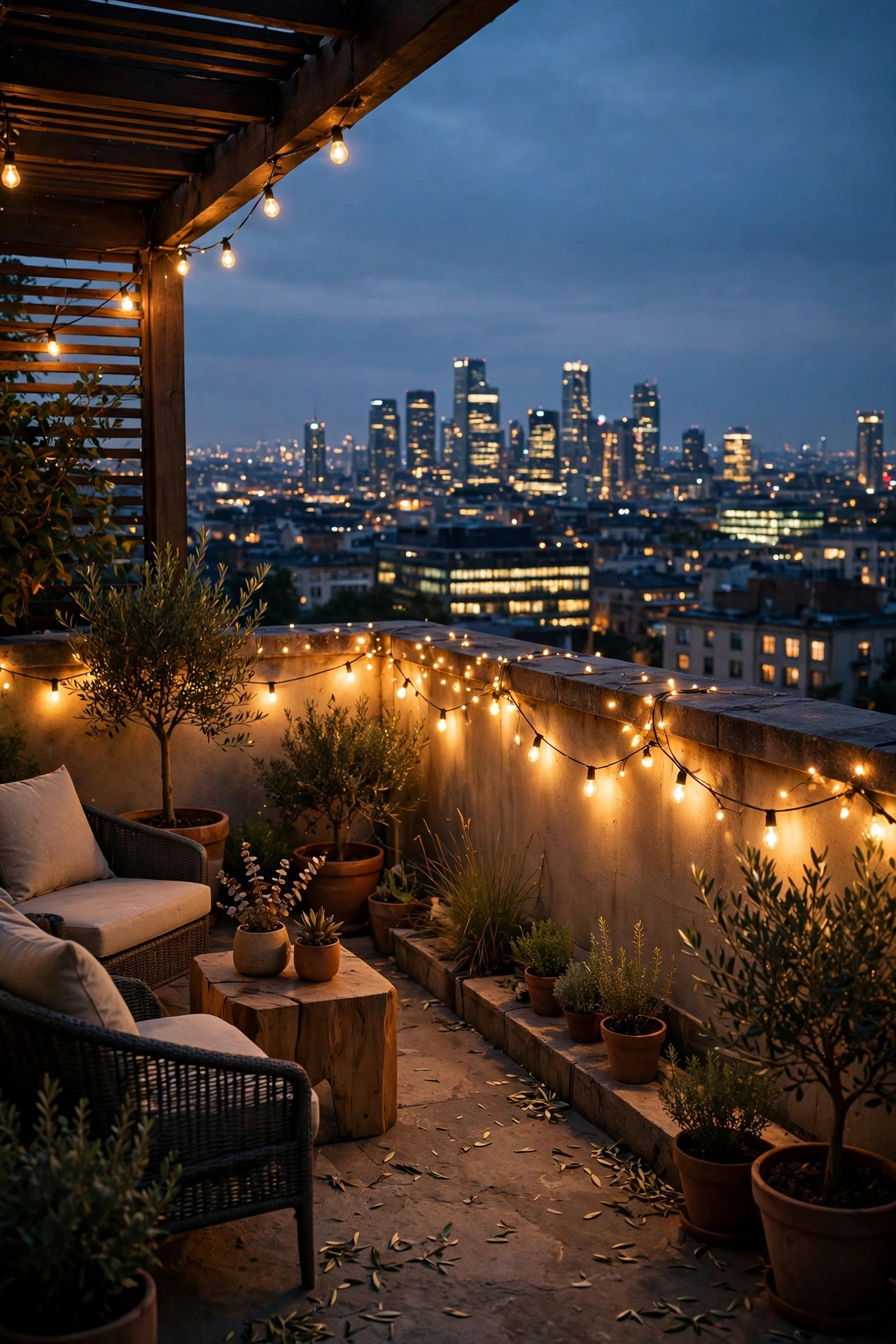 Rooftop terrace at dusk with warm low lighting, string lights along the parapet and the city skyline glowing beyond