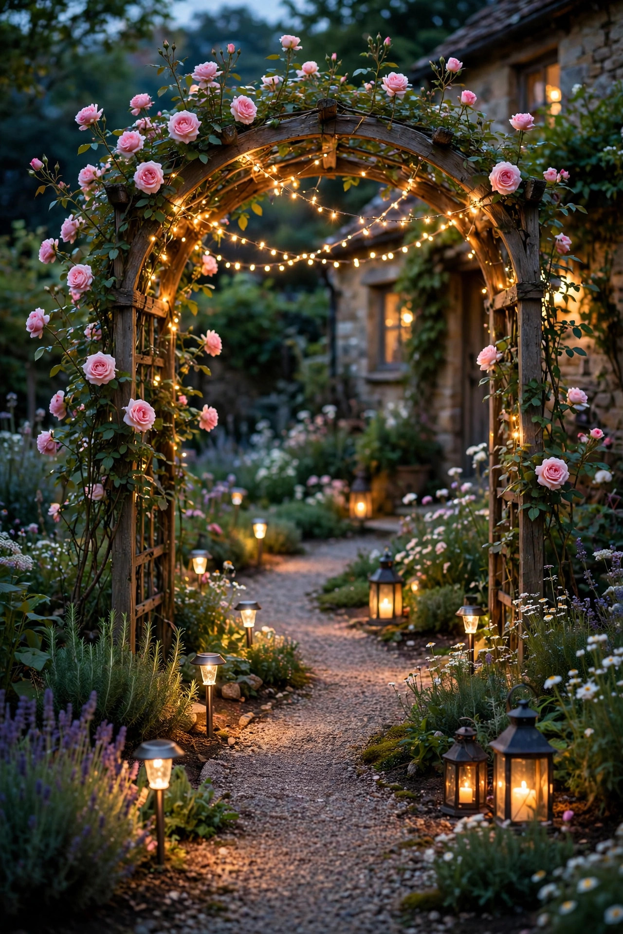 Cottage garden at dusk with climbing roses on a wooden arch glowing under warm fairy lights, solar path stakes and lanterns along a winding gravel path