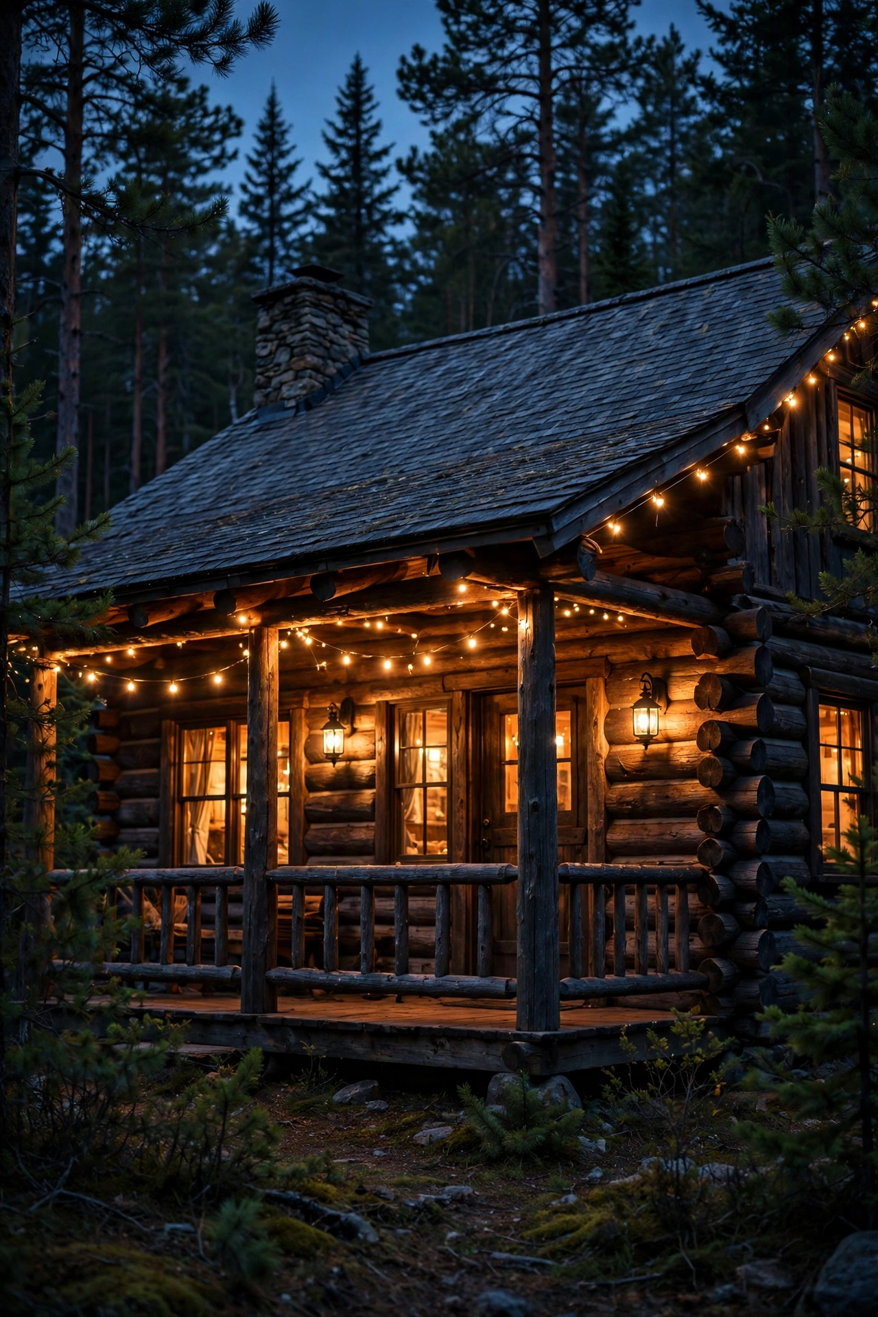 Log cabin exterior glowing with warm rustic cabin lighting at dusk, lantern sconces and string lights against dark timber