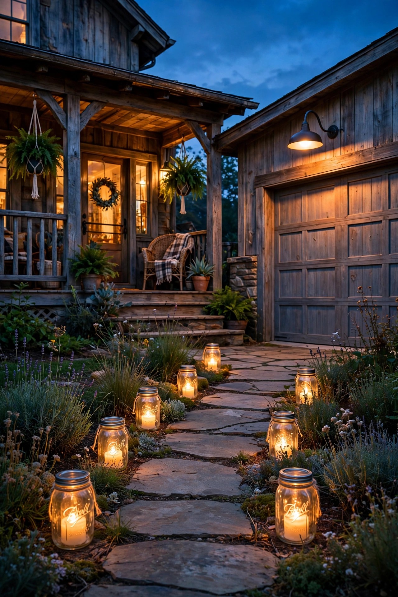 Rustic front yard at dusk with mason jar lanterns along the walkway, a gooseneck barn light over the garage, and warm light glowing from the porch