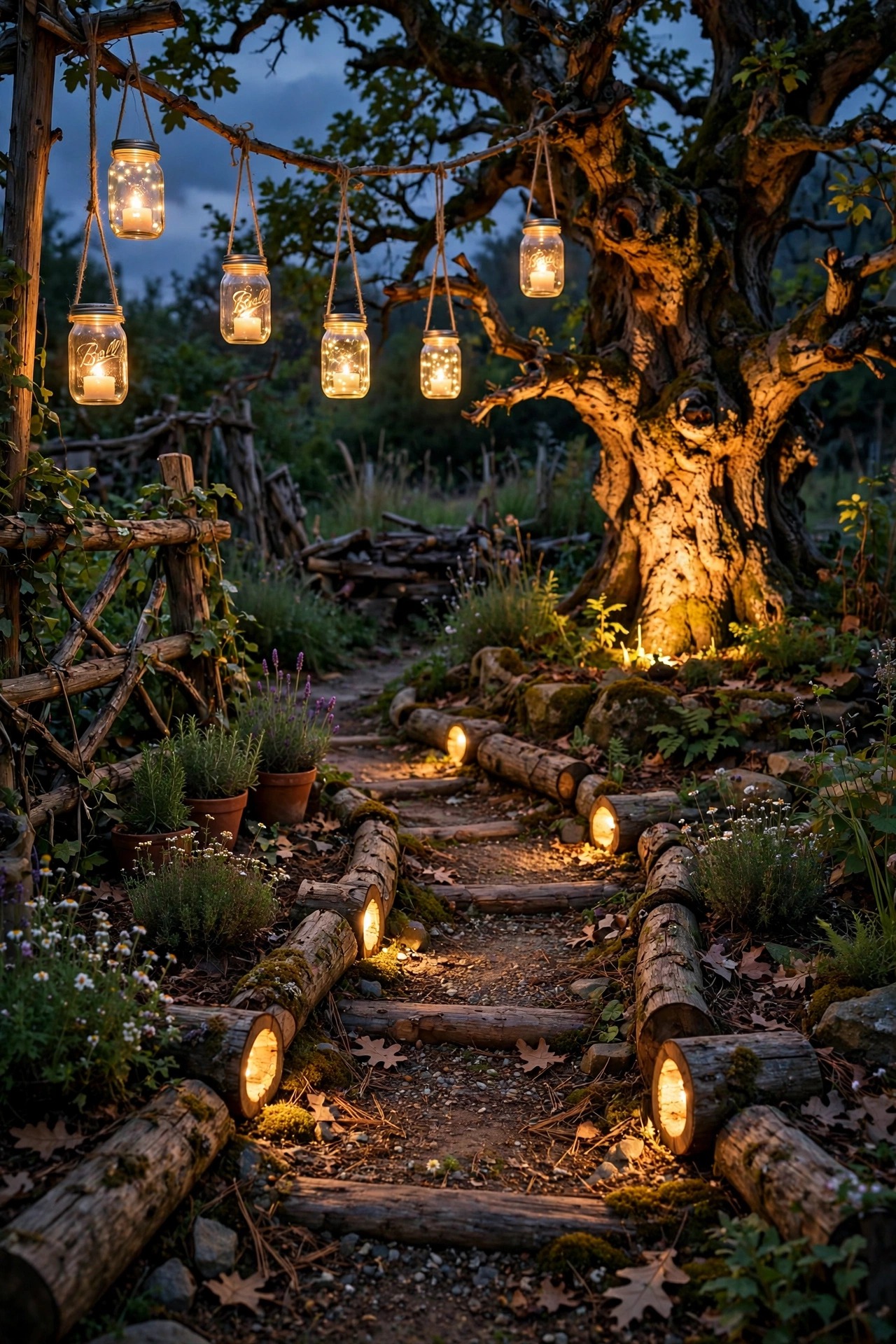Rustic garden at dusk with mason jar lanterns, log path lights, and a warmly uplit old tree