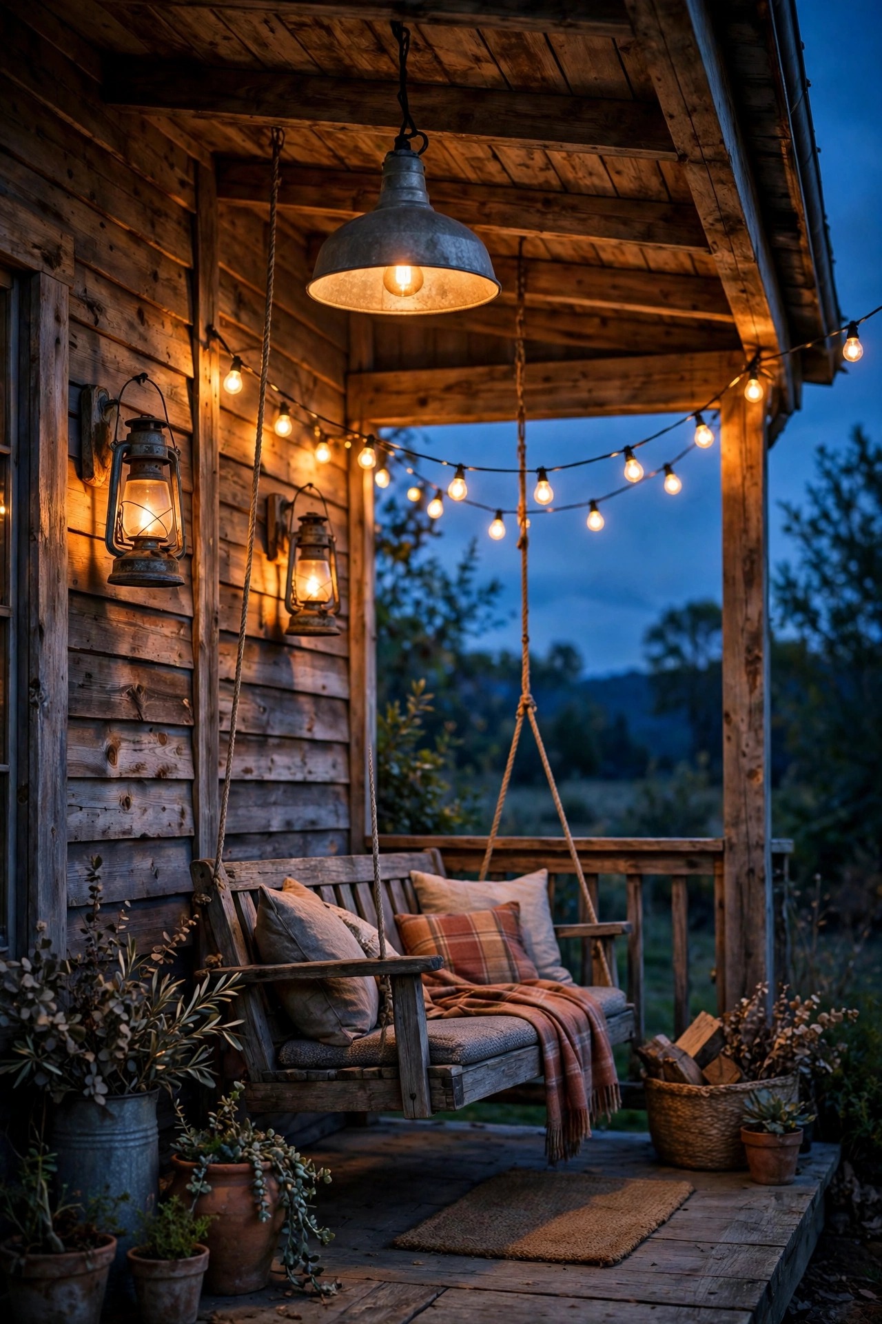 Rustic front porch at dusk with a galvanized barn pendant, weathered lantern sconces and string lights glowing warmly over a wooden swing