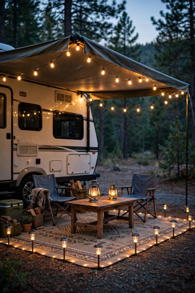 RV campsite patio at dusk with warm string lights along the awning, lanterns on the table and solar stake lights edging the outdoor mat