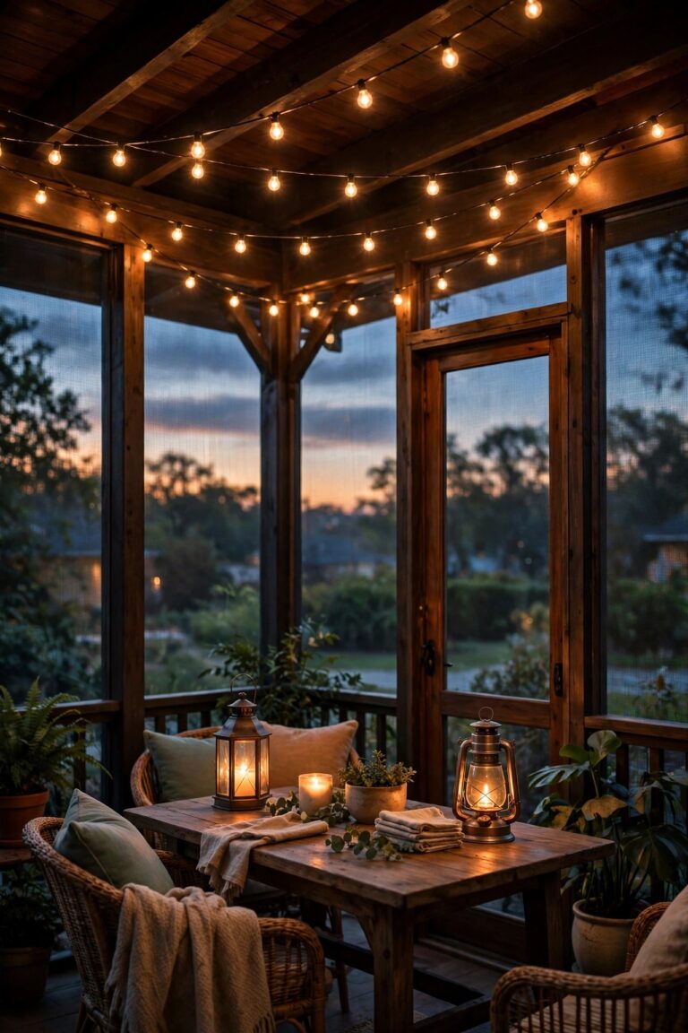Screened porch glowing with warm amber layered lighting at dusk, string lights overhead and lanterns on the table, calm bug-free evening scene