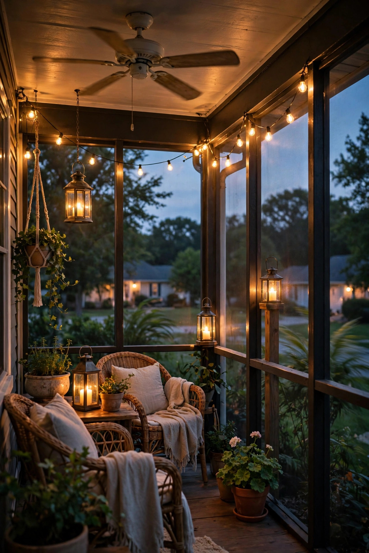 Screened porch at dusk glowing with warm string lights, lanterns and a ceiling fan during a breezy summer evening