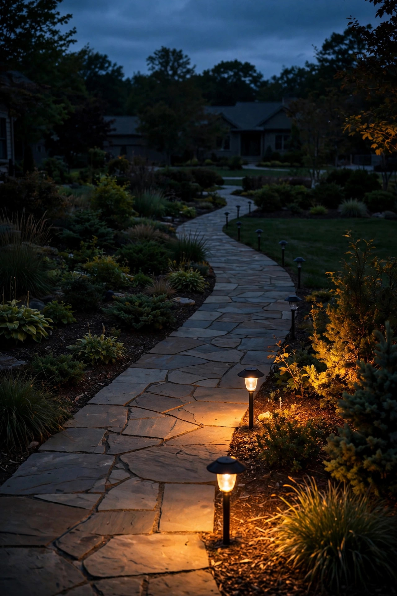 Front yard at dusk with warm path lights glowing along one side of a stone walkway while the far section of landscape lighting sits dark and unlit