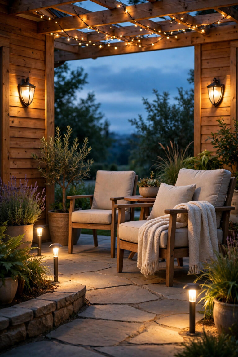 Cozy senior friendly patio at dusk with warm layered lighting, glowing path lights, shielded wall sconces, and comfortable seating
