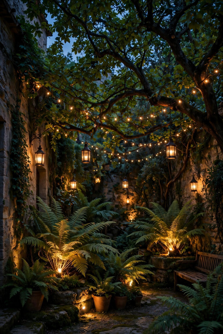 Shaded courtyard at dusk with layered warm lighting, string lights under a tree canopy, lanterns and uplighted ferns