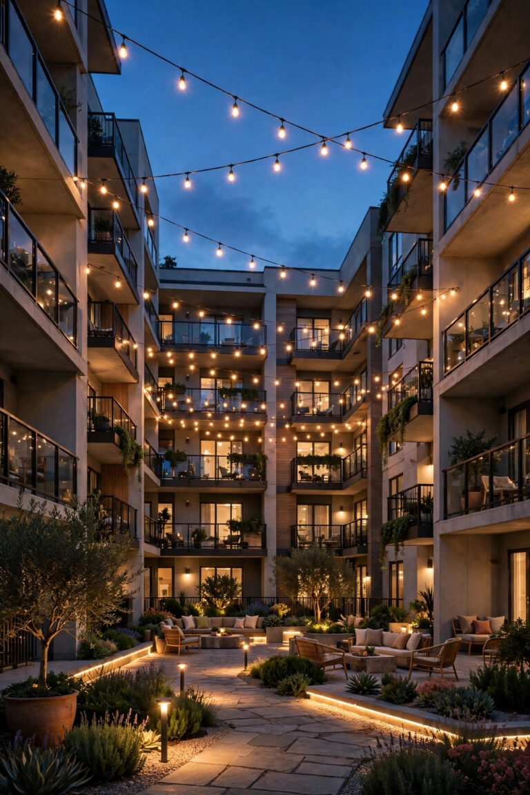Condo courtyard at dusk with warm string light canopy, glowing path lights and residents seating areas surrounded by balconies