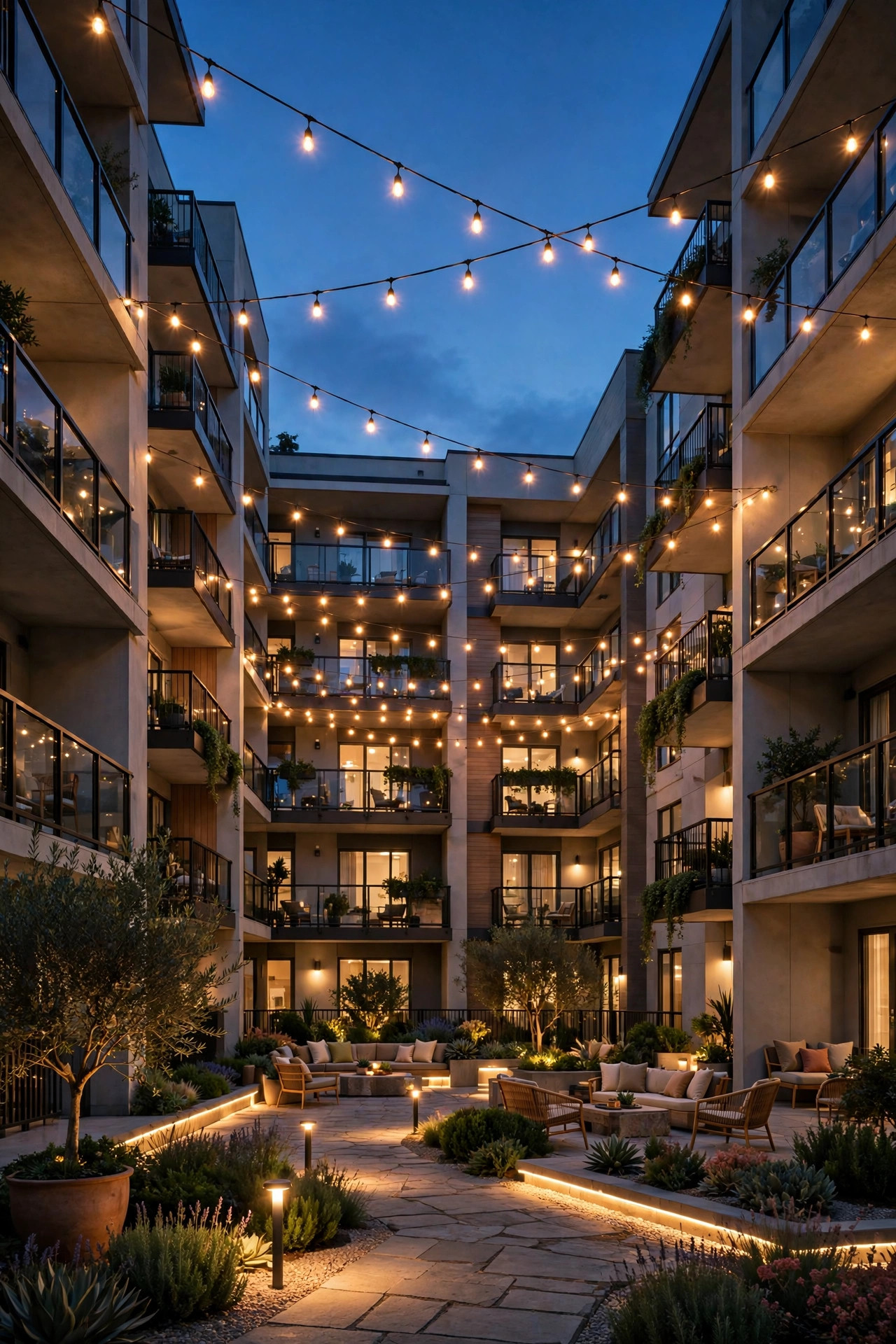 Condo courtyard at dusk with warm string light canopy, glowing path lights and residents seating areas surrounded by balconies