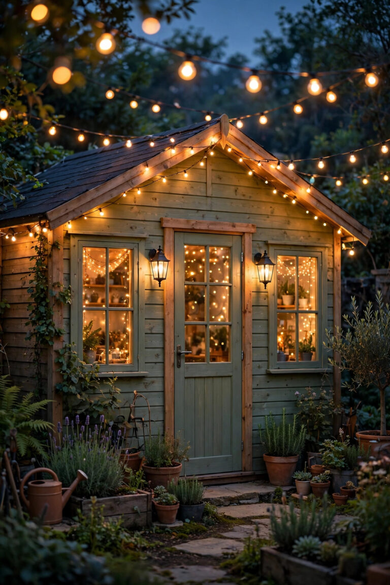 Cozy she shed and garden studio at dusk glowing with warm string lights, lantern sconces by the door and fairy lights in the windows