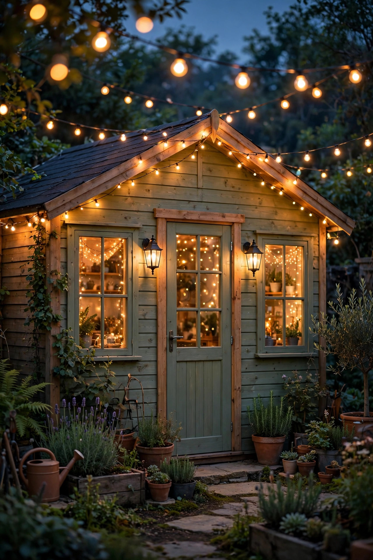 Cozy she shed and garden studio at dusk glowing with warm string lights, lantern sconces by the door and fairy lights in the windows