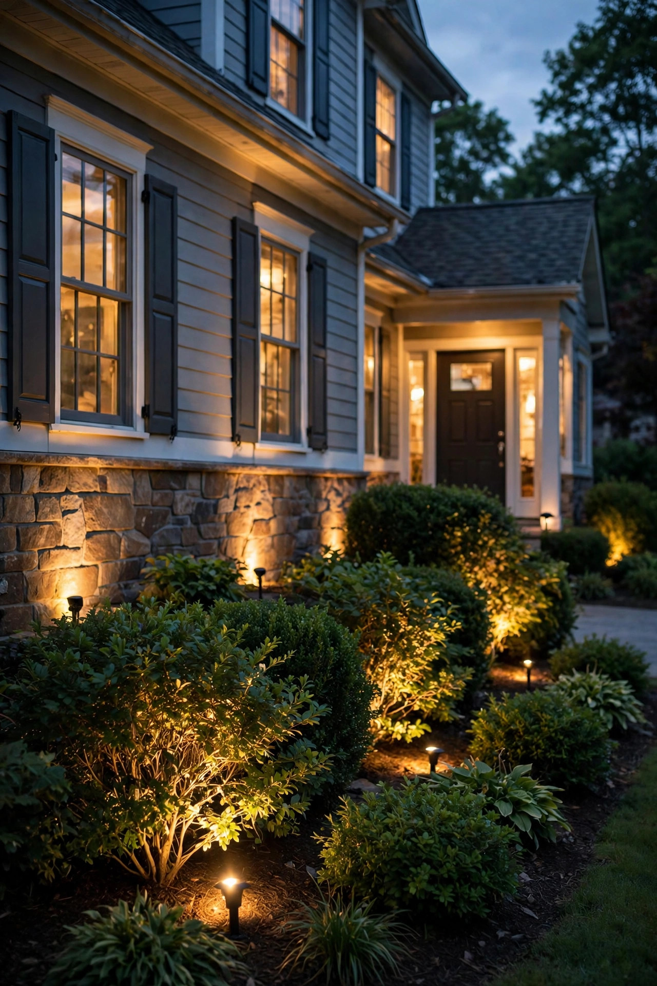 Warm uplights glowing through foundation shrubs and boxwoods along the front of a cozy suburban home at dusk