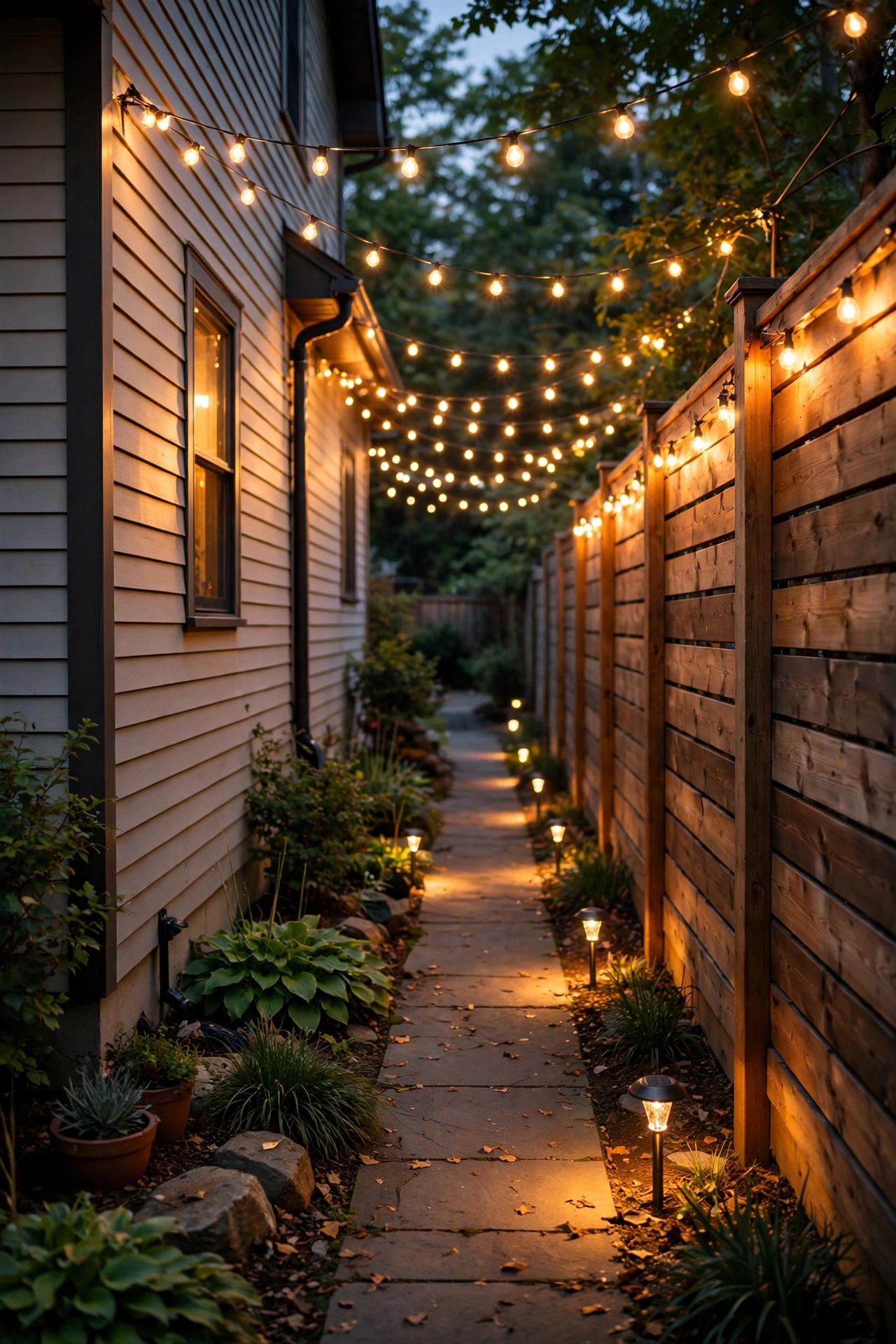 Narrow side yard walkway glowing at dusk with solar path lights, warm string lights overhead, and a lit wooden fence