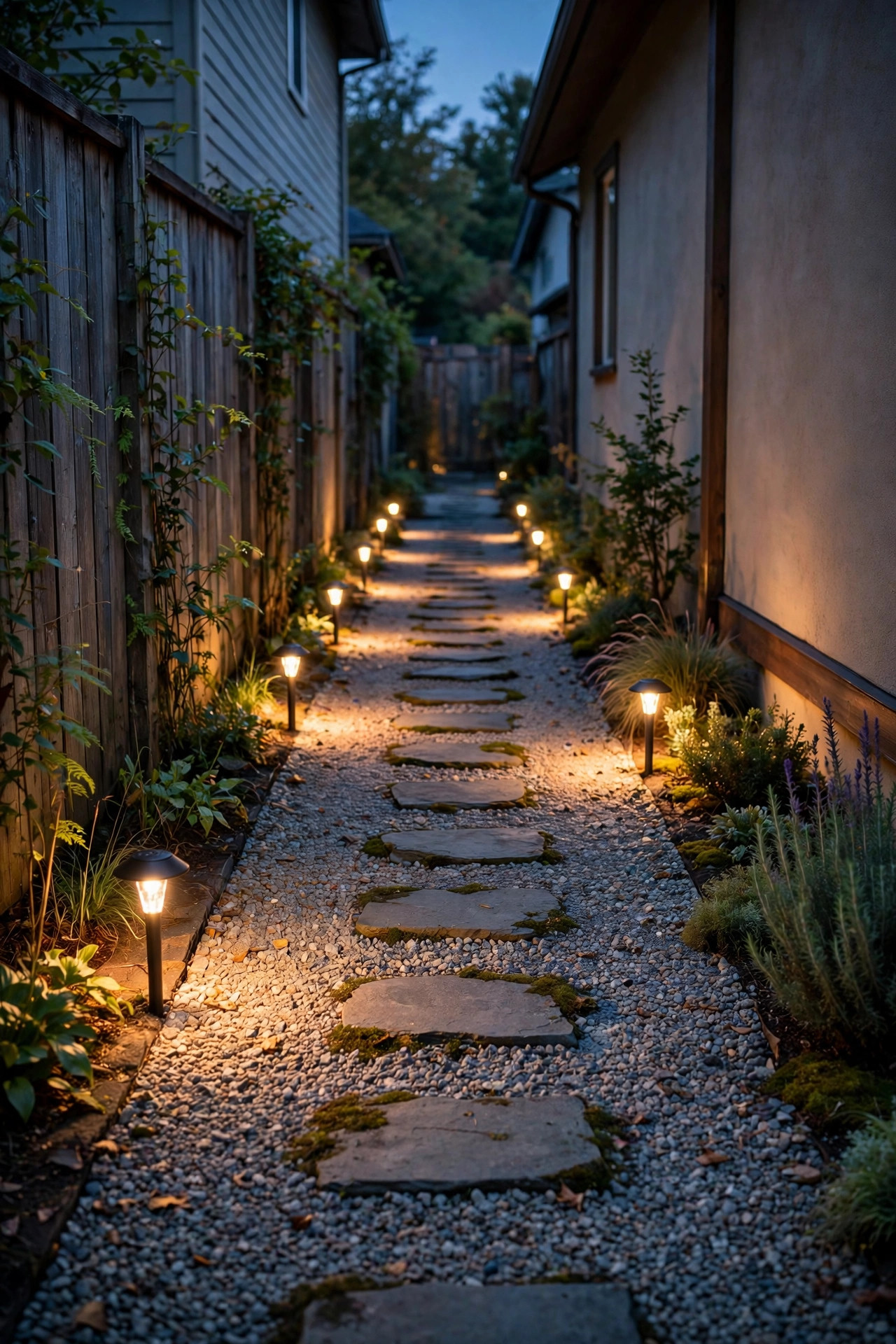 Narrow side yard at dusk with stepping stones set in gravel, warm path lights glowing along both sides of the walkway