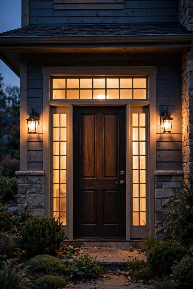 Front door with glowing sidelights and transom window framed by warm sconces at dusk