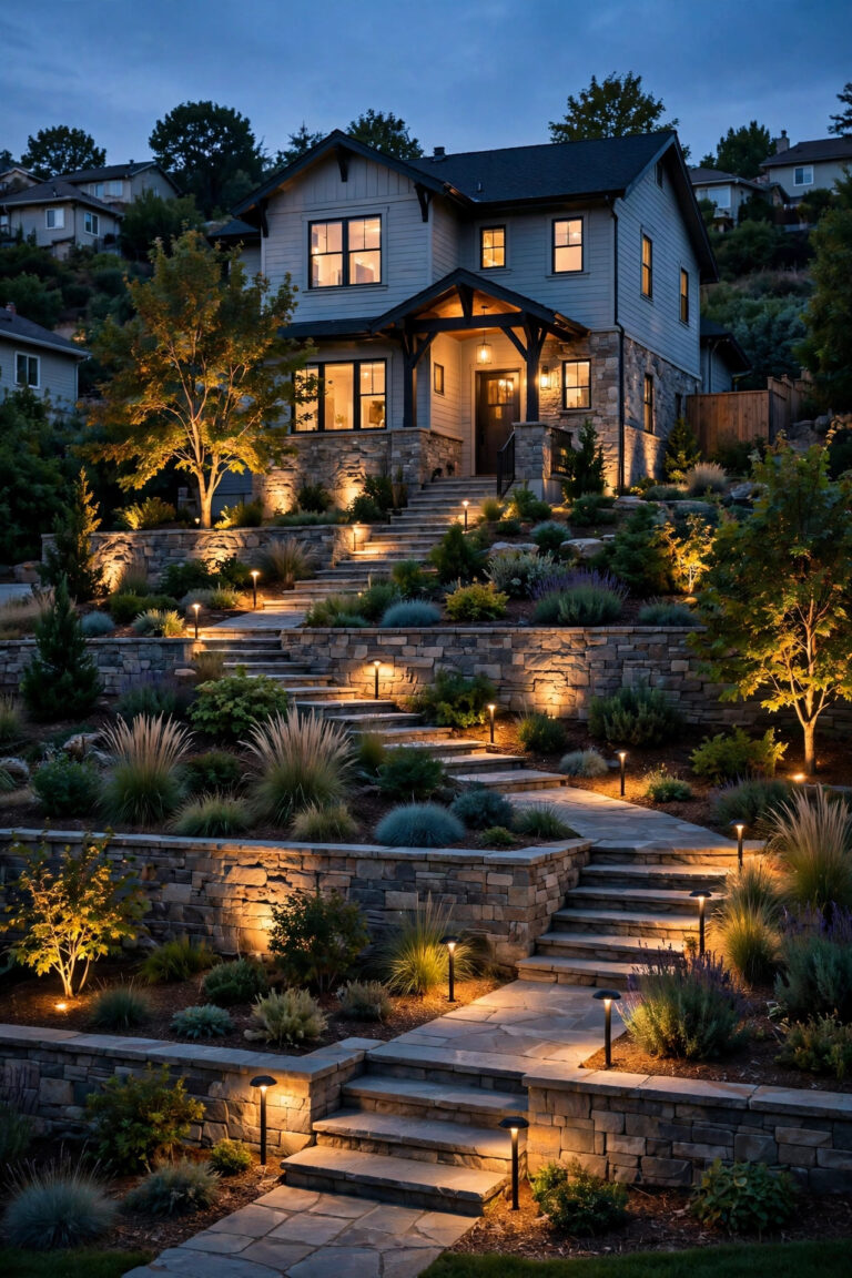 Sloped front yard lighting ideas on a hillside home at dusk with terraced path lights and warm uplighting