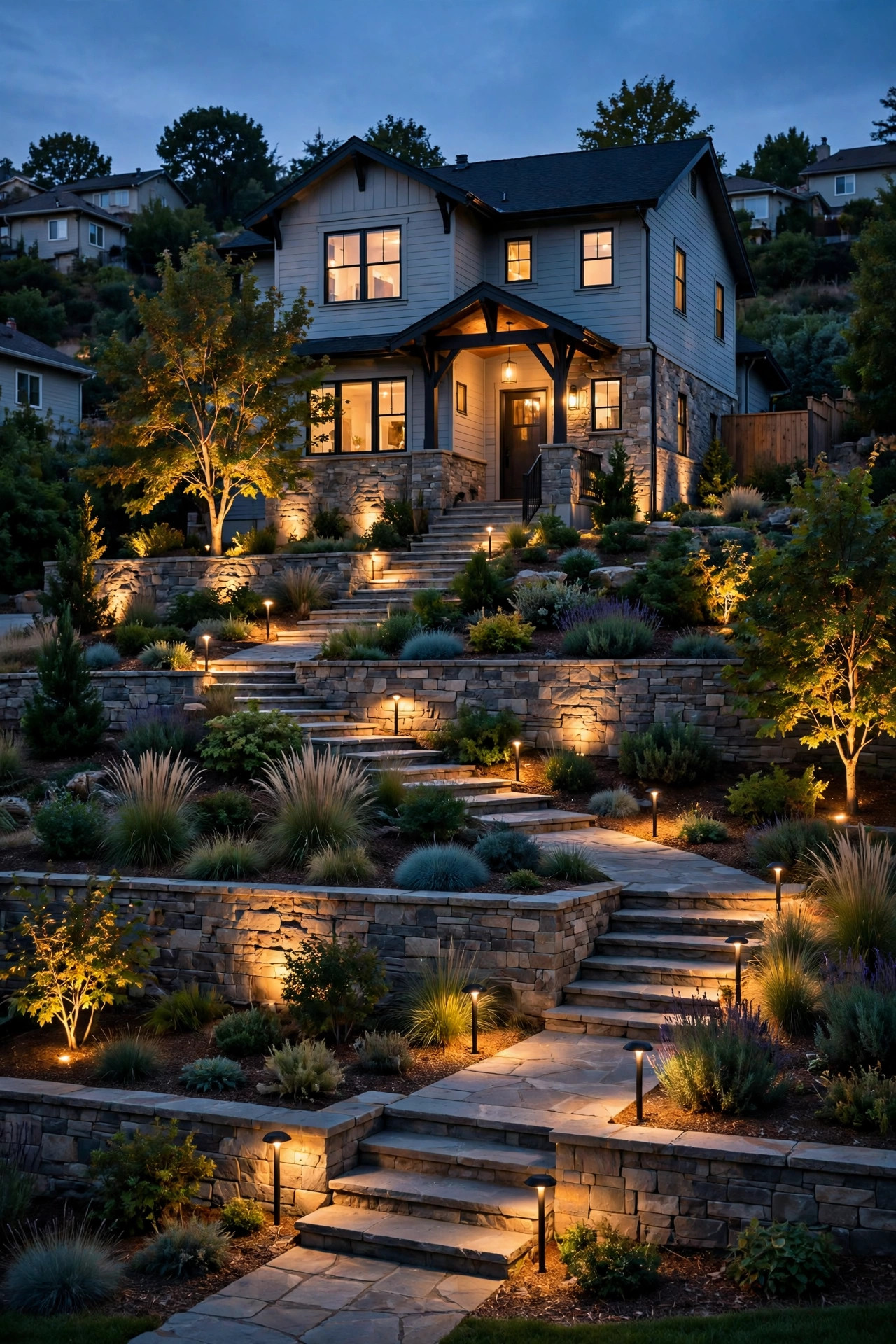 Sloped front yard lighting ideas on a hillside home at dusk with terraced path lights and warm uplighting