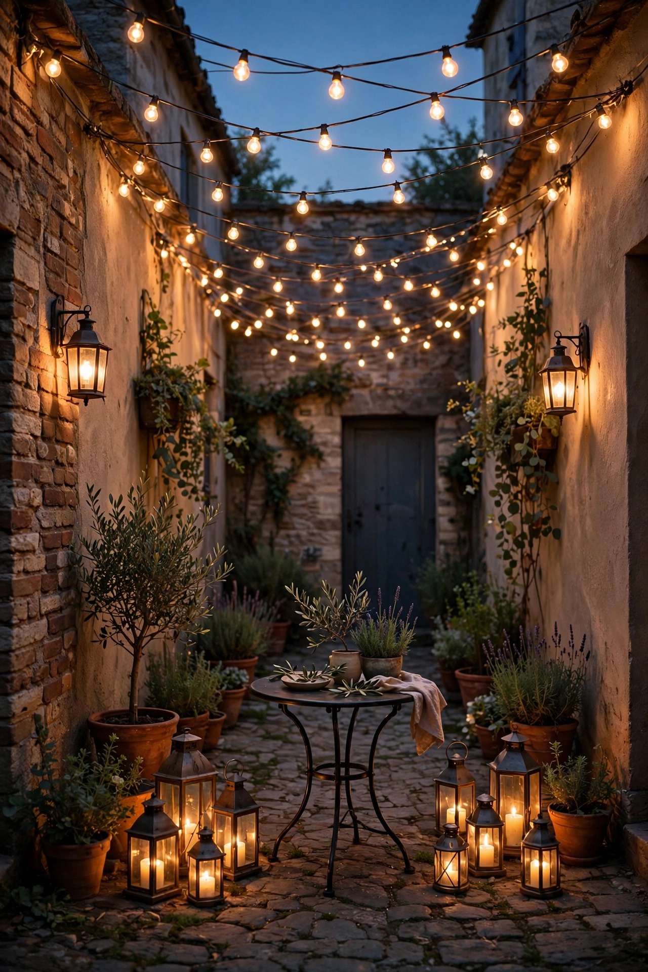 Small walled courtyard at dusk glowing with a string light canopy, wall lanterns and lantern clusters around a bistro table