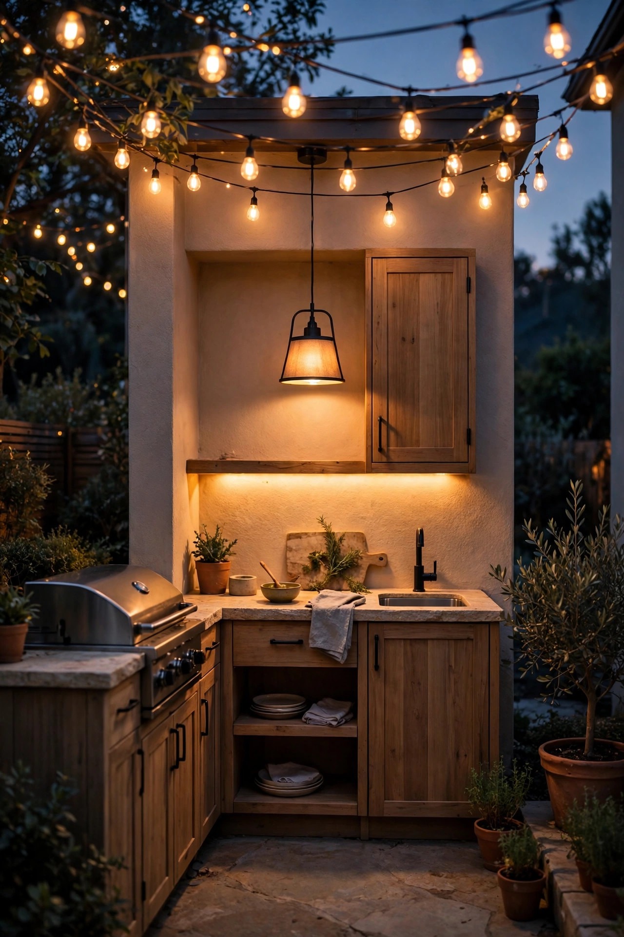 Compact outdoor kitchen on a small patio at dusk with warm under-cabinet lighting, a pendant over the counter and string lights overhead